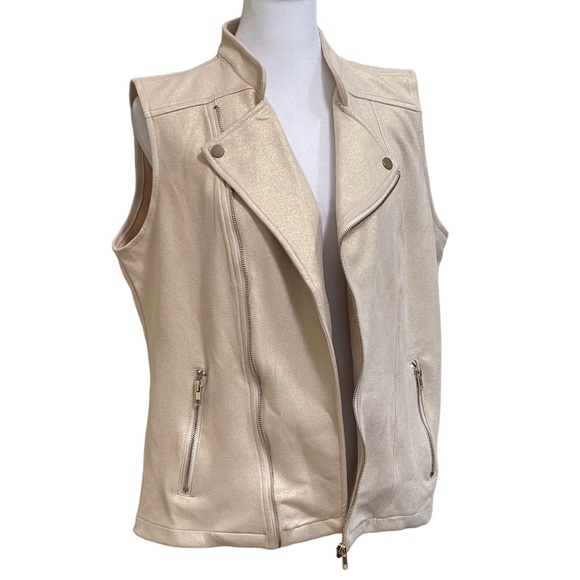 Solitaire Gold Shimmer Moto Vest Women’s Sz M Pockets Metallic Spandex Stretch - Picture 4 of 14